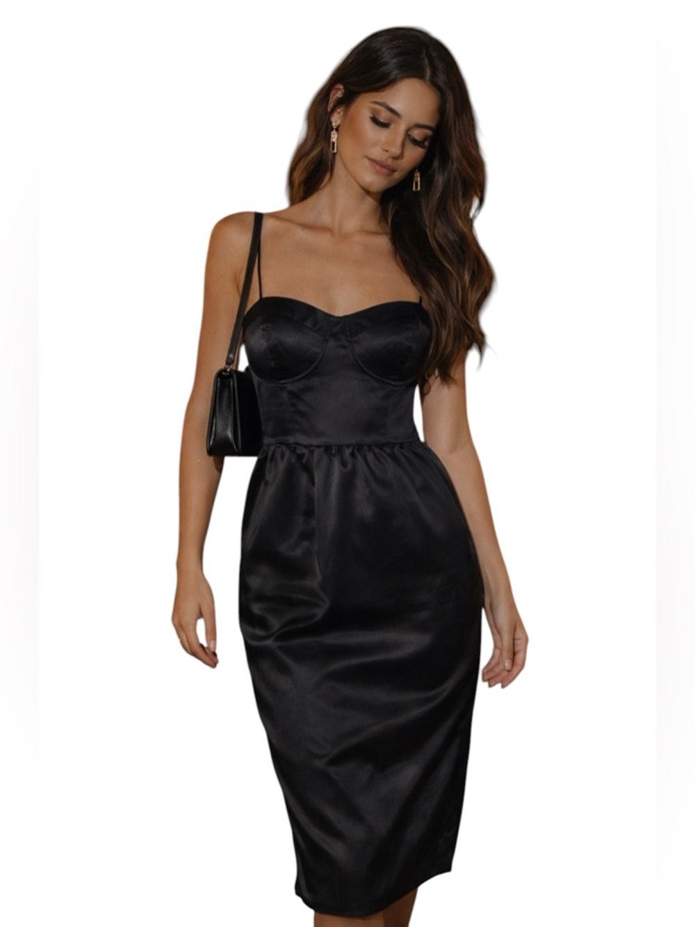 Black Satin Bustier Midi Dress Corset Bodycon‎ Date Night NWT Small